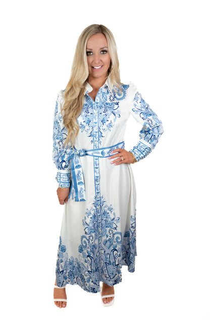 True Beauty Blue/White Paisley Midi Dress