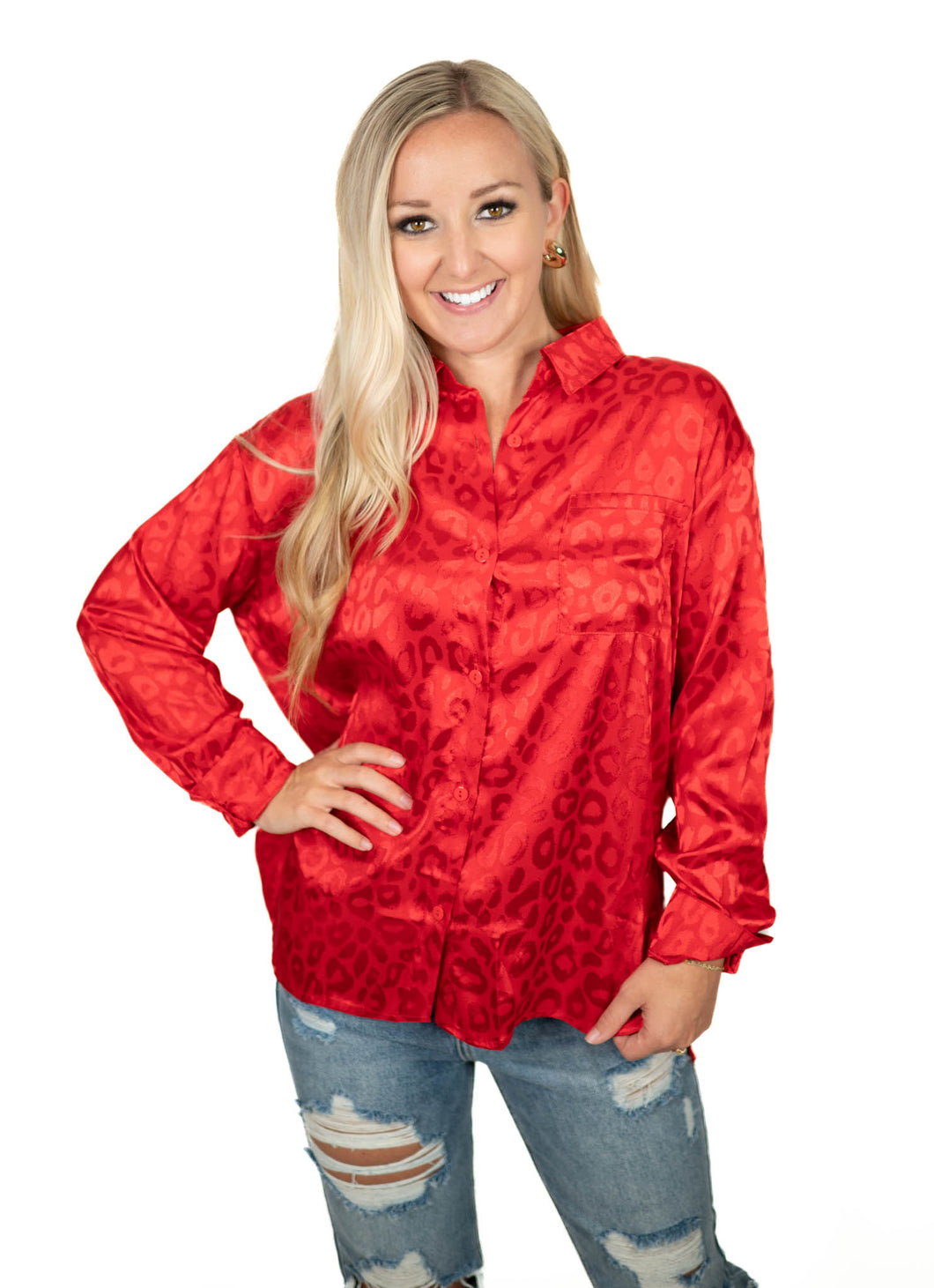 Red Silk Leopard Top