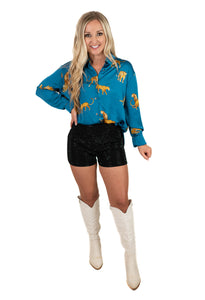 Teal Satin Animal Print Top