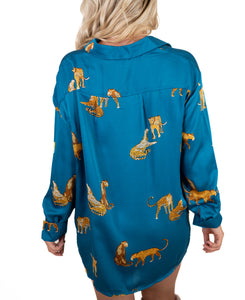 Teal Satin Animal Print Top