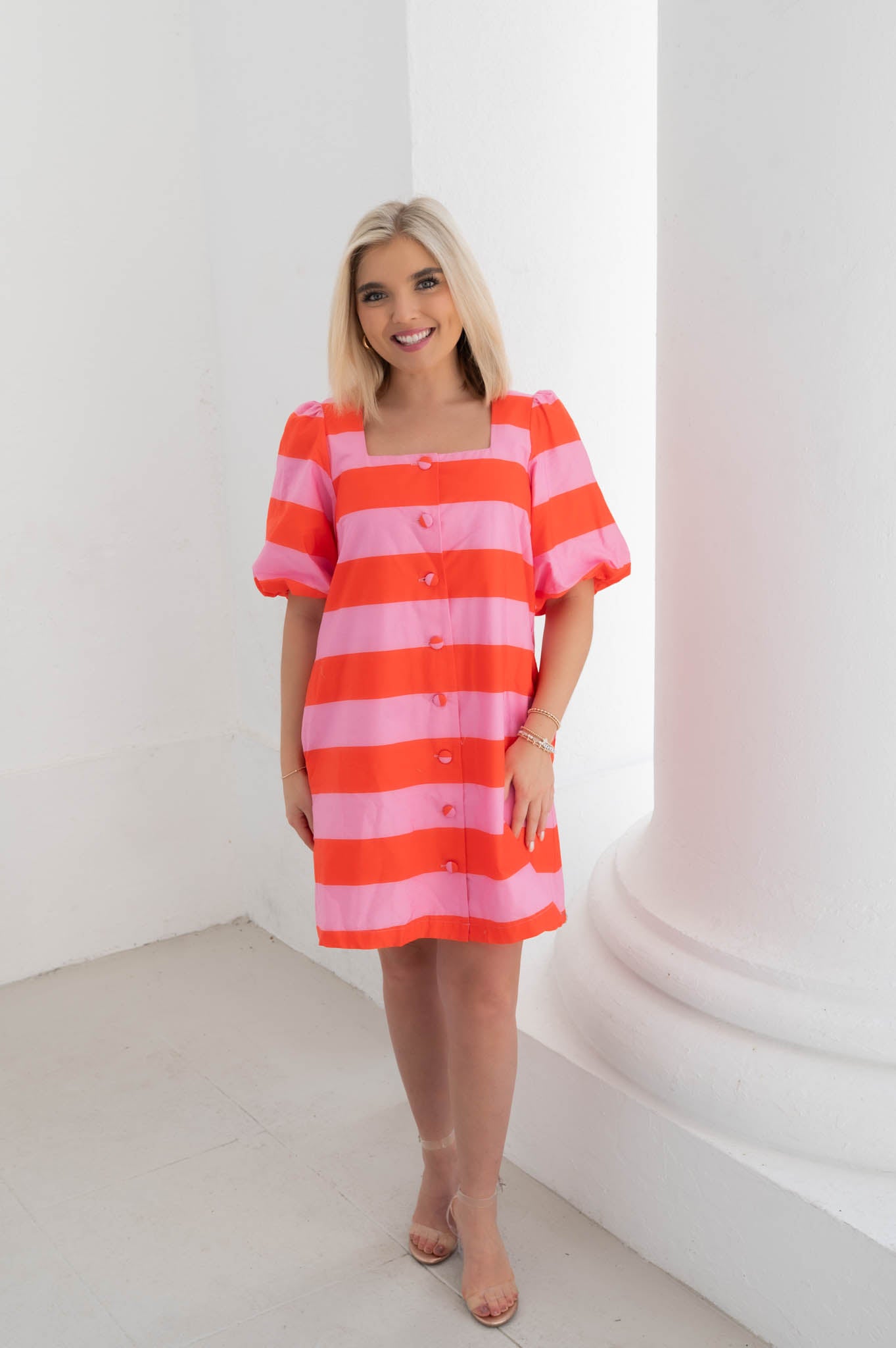 Bold & Bright Striped Puff Sleeve Dress