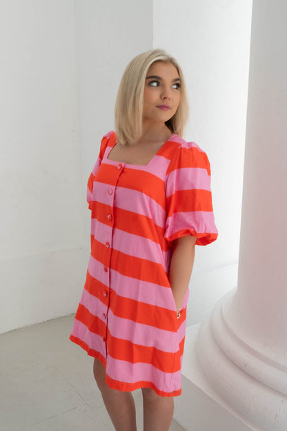 Bold & Bright Striped Puff Sleeve Dress