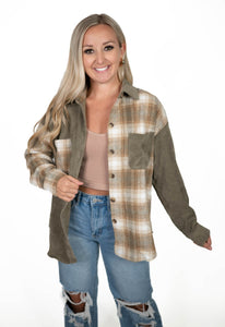 Olive Corduroy Colorblock Shacket