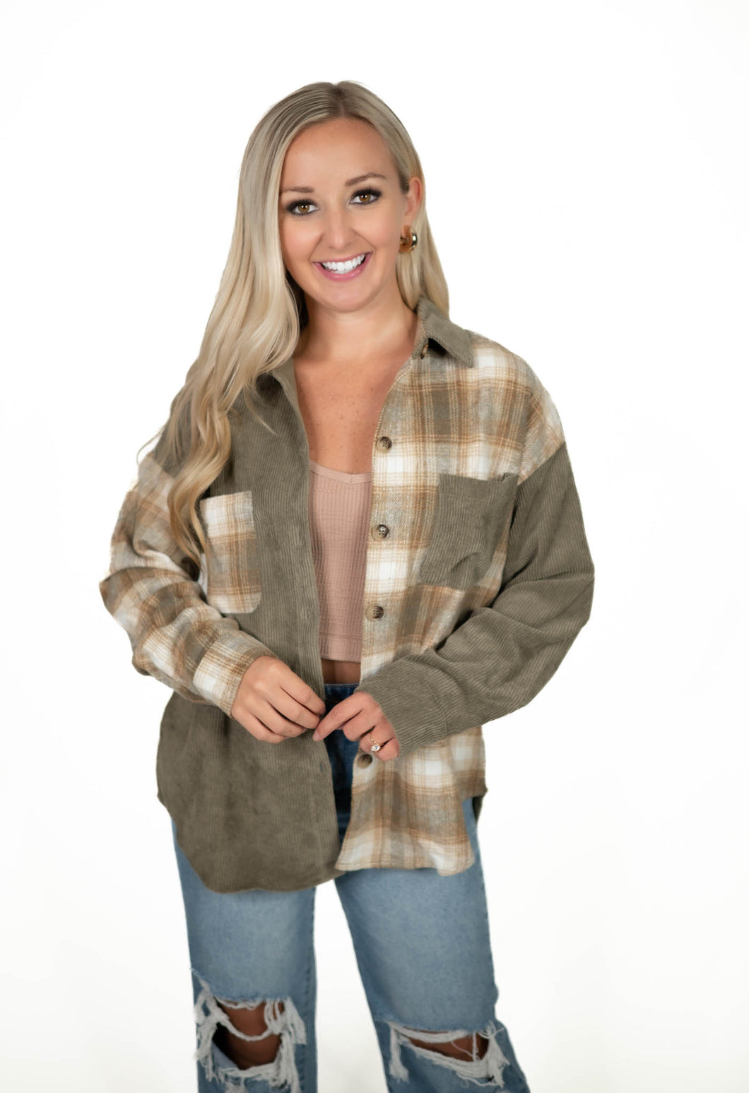 Olive Corduroy Colorblock Shacket