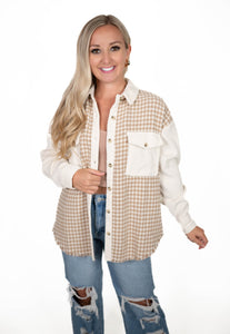 Taupe Colorblock Houndstooth Shacket