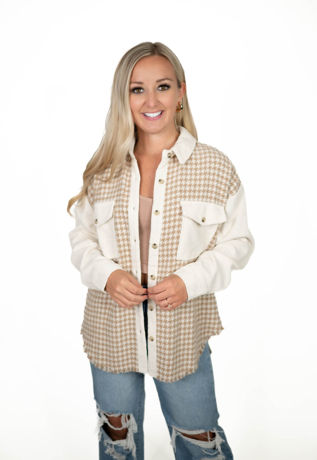 Taupe Colorblock Houndstooth Shacket
