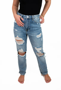 High Rise Distressed Straight Leg Jeans