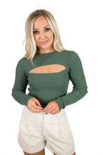 Green Ribbed Cutout Top