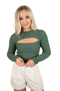Green Ribbed Cutout Top
