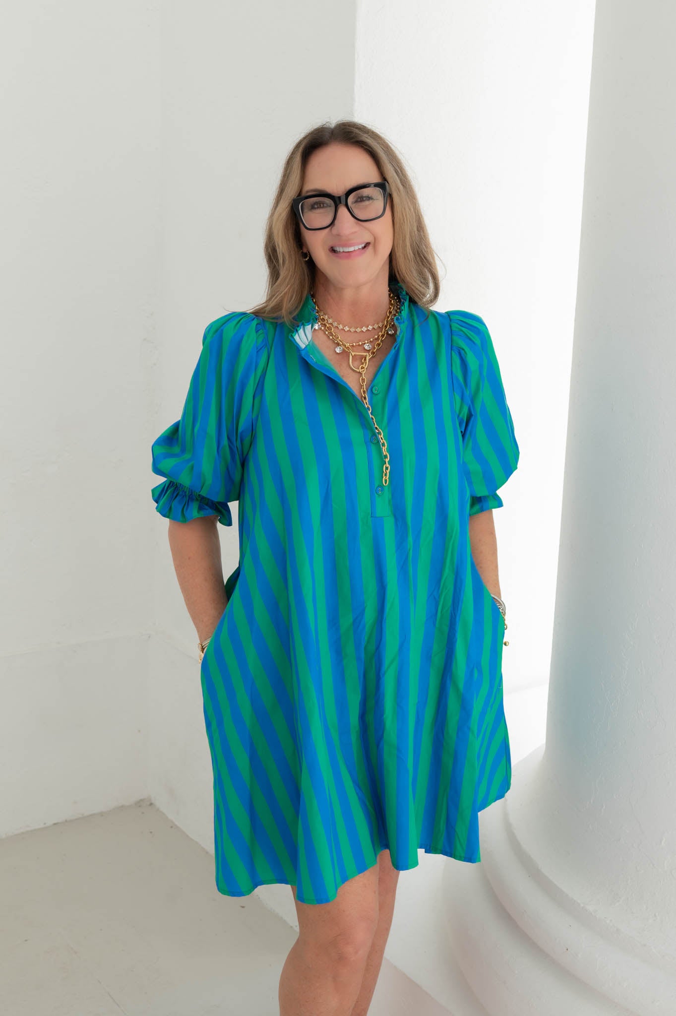 The Fiesta Stripe Blue/Green Mini Dress