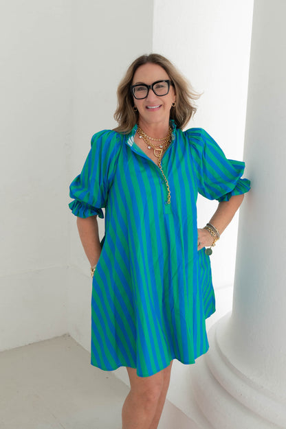 The Fiesta Stripe Blue/Green Mini Dress