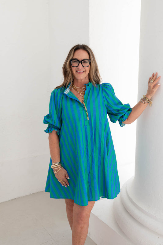 The Fiesta Stripe Blue/Green Mini Dress