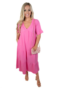 Pink Crinkle/Gauze Midi Dress