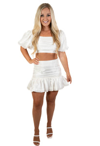 White Bubble Sleeve Satin Crop Top