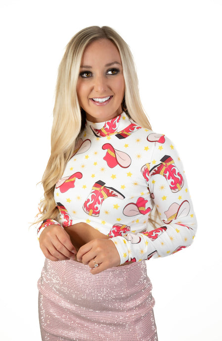 Cowgirl Boot/Hat Print Crop Top