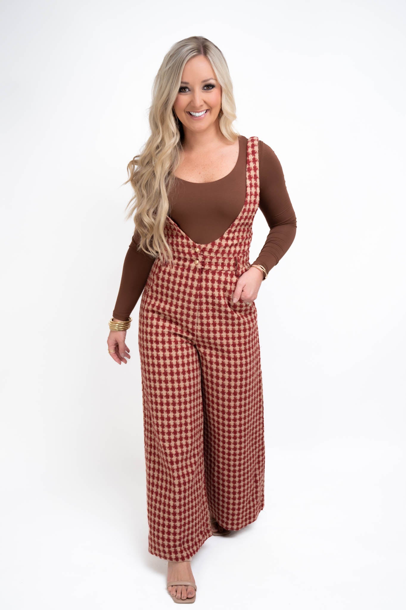 Red/Taupe Houndstooth Tweed Jumpsuit