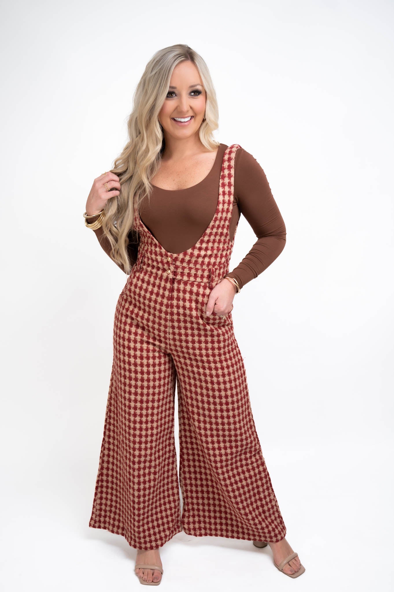 Red/Taupe Houndstooth Tweed Jumpsuit
