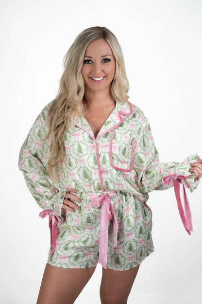 Satin Christmas Tree & Bow PJ Set