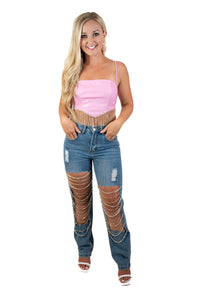 Pink Faux Leather Rhinestone Top