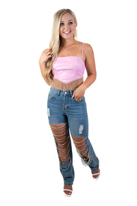 Pink Faux Leather Rhinestone Top