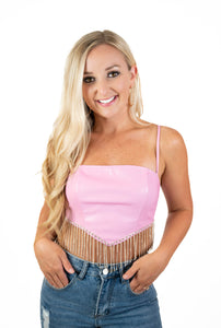 Pink Faux Leather Rhinestone Top