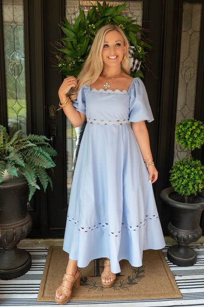 Blue Puff Sleeve Midi Dress