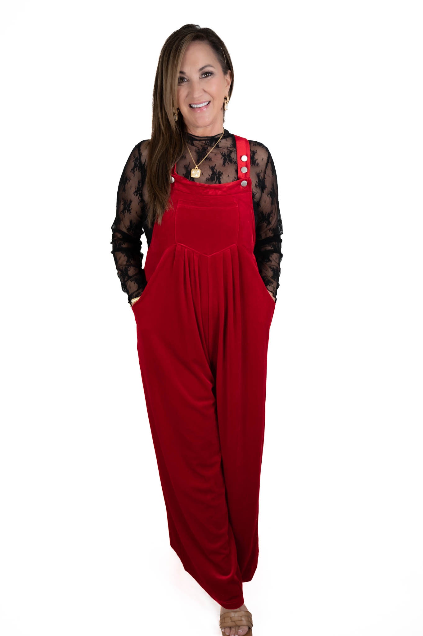 Red Velvet Wide Leg Overalls