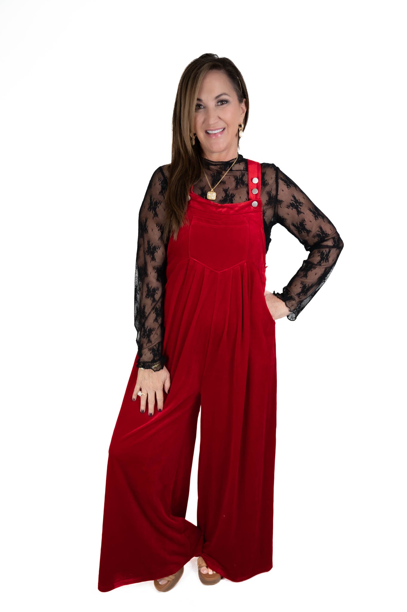 Red Velvet Wide Leg Overalls