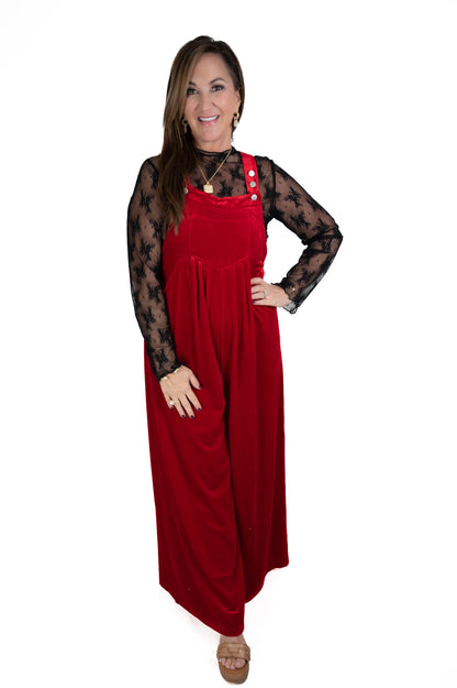 Red Velvet Wide Leg Overalls