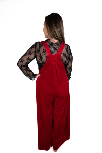 Red Velvet Wide Leg Overalls