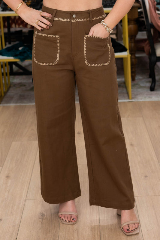 Brown High Waist Stitch Pants