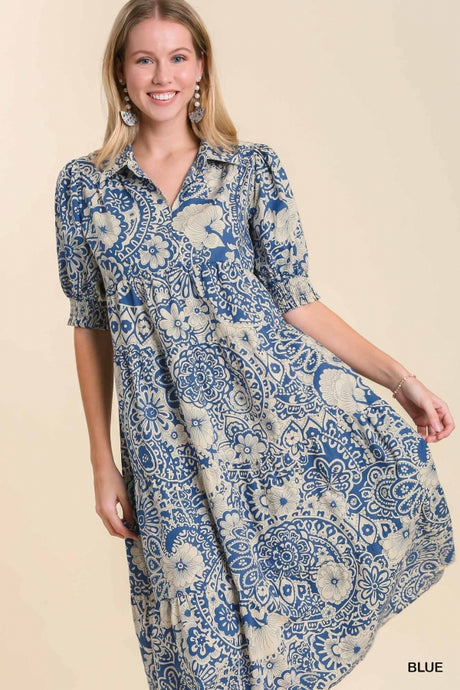 Blue Abstract Printed Midi Dress