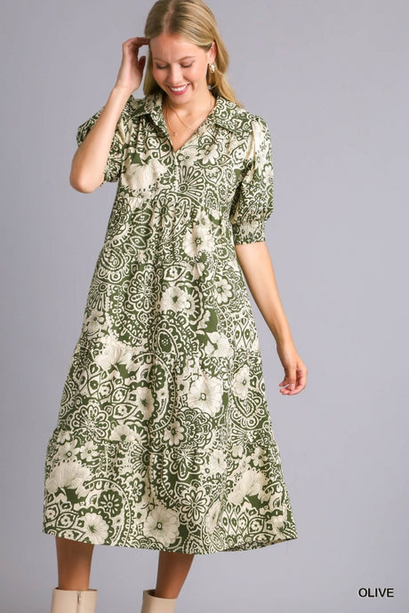 Olive Abstract Printed Midi Dress