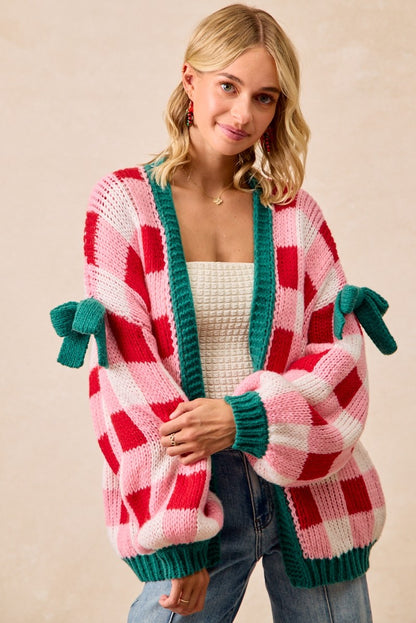 Pink/Red Checkered Bow Cardigan