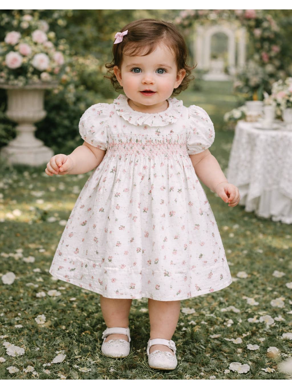 Floral Print Swiss Dot Smocked Dress
