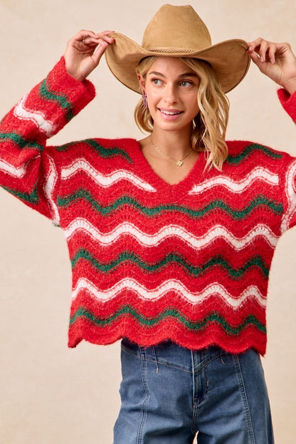 Red Wavy Stripes Christmas Sweater