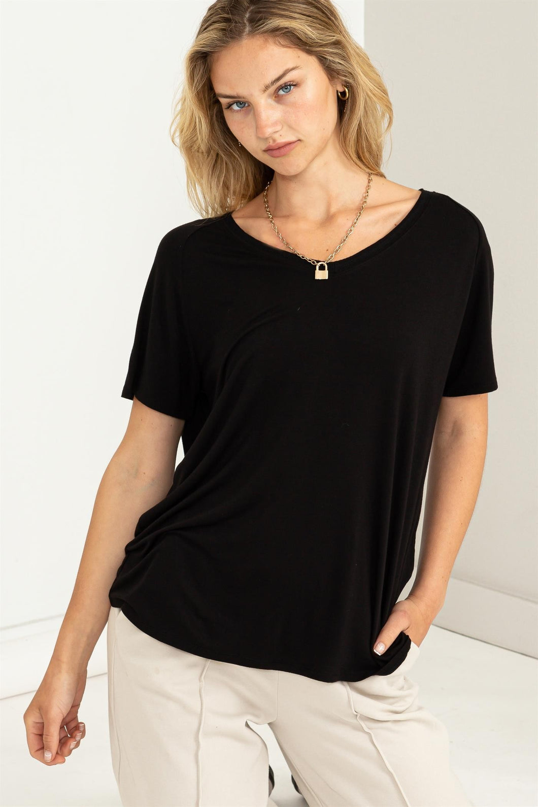Black Comfy V Neck Top