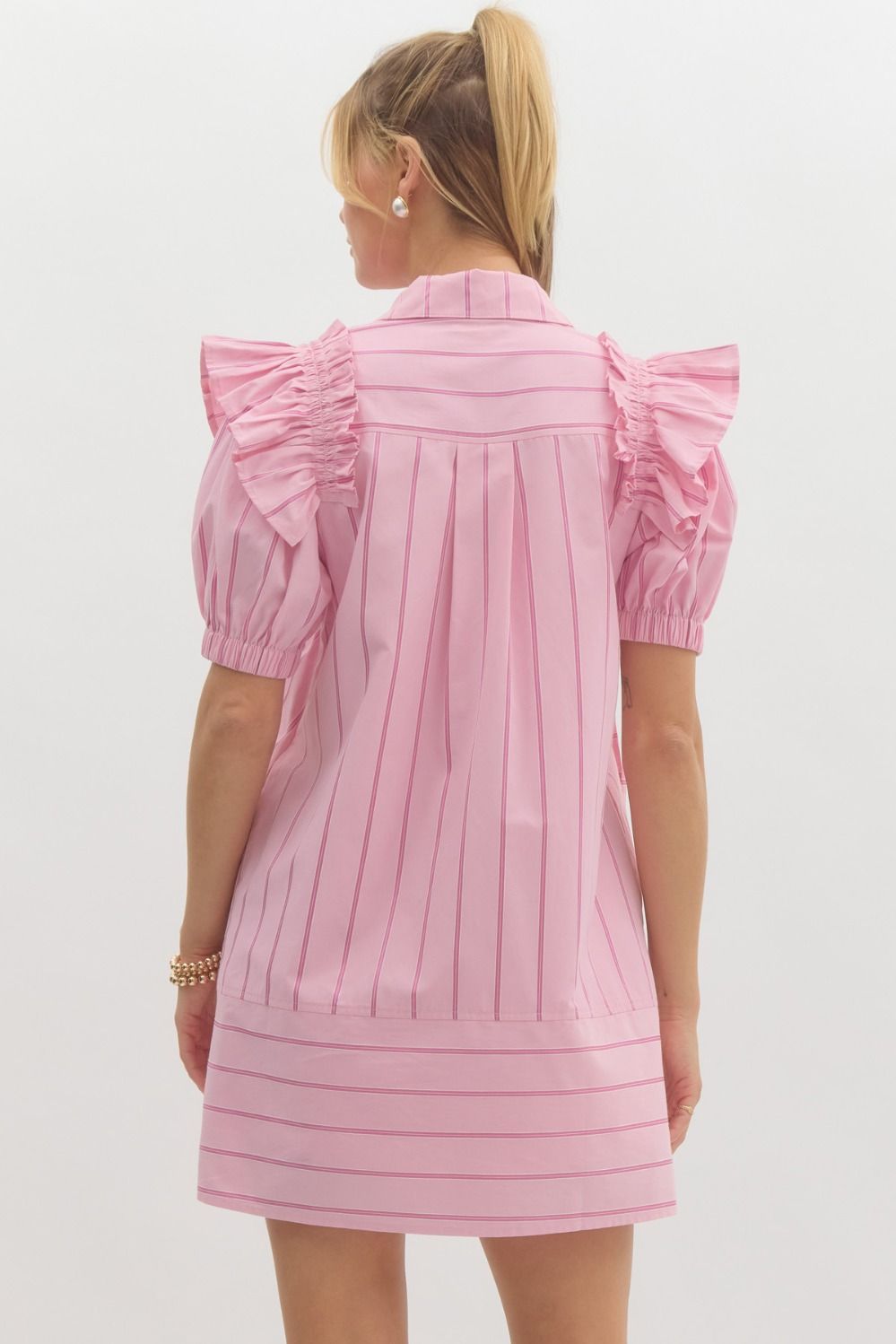 Pink Striped Ruffle Sleeve Dress