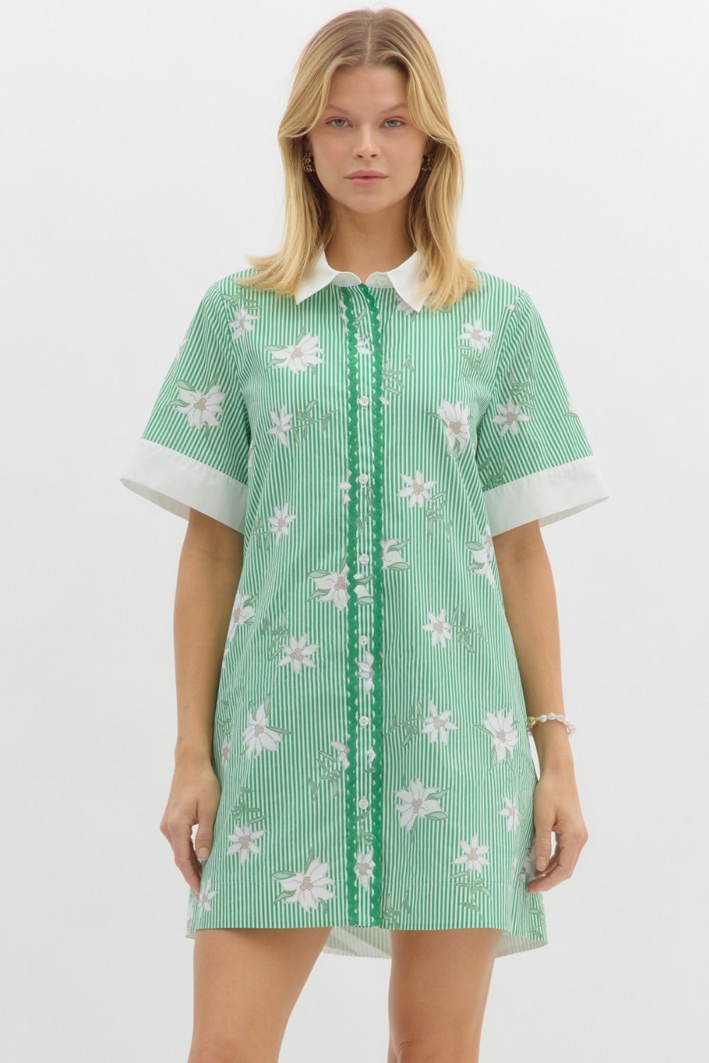 Green Striped/Floral Printed Mini Dress