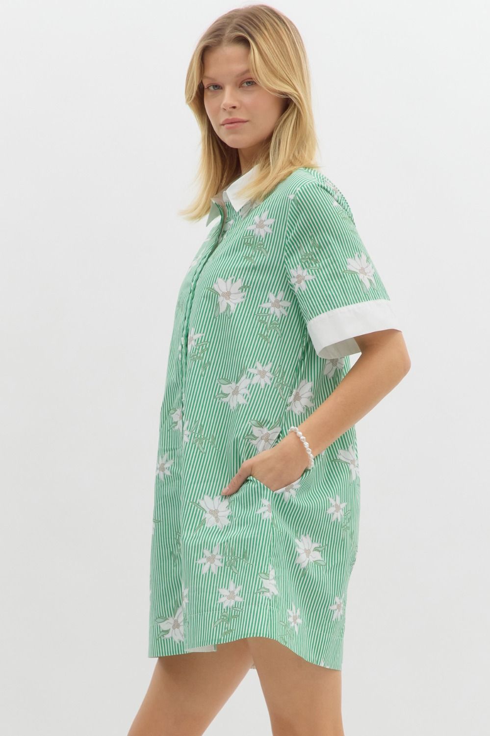 Green Striped/Floral Printed Mini Dress