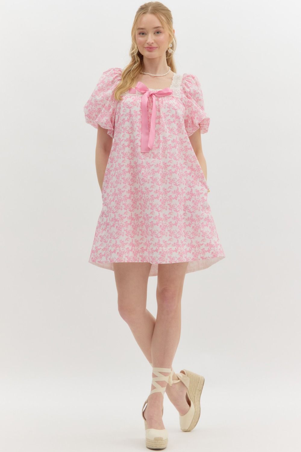Pink Floral Bubble Sleeve Mini Dress