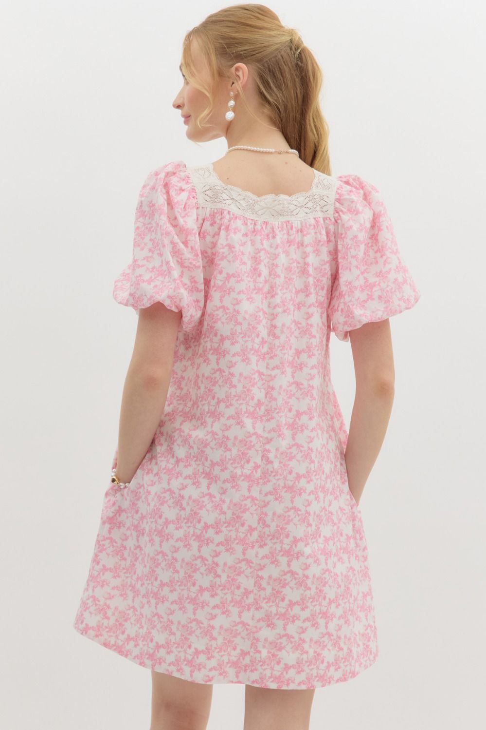 Pink Floral Bubble Sleeve Mini Dress