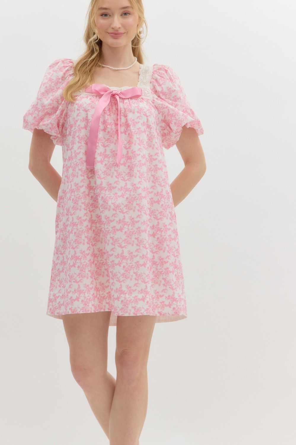 Pink Floral Bubble Sleeve Mini Dress