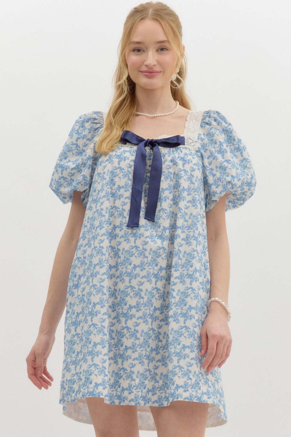 Blue Floral Bubble Sleeve Mini Dress