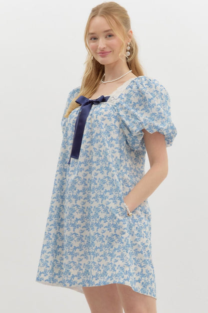 Blue Floral Bubble Sleeve Mini Dress