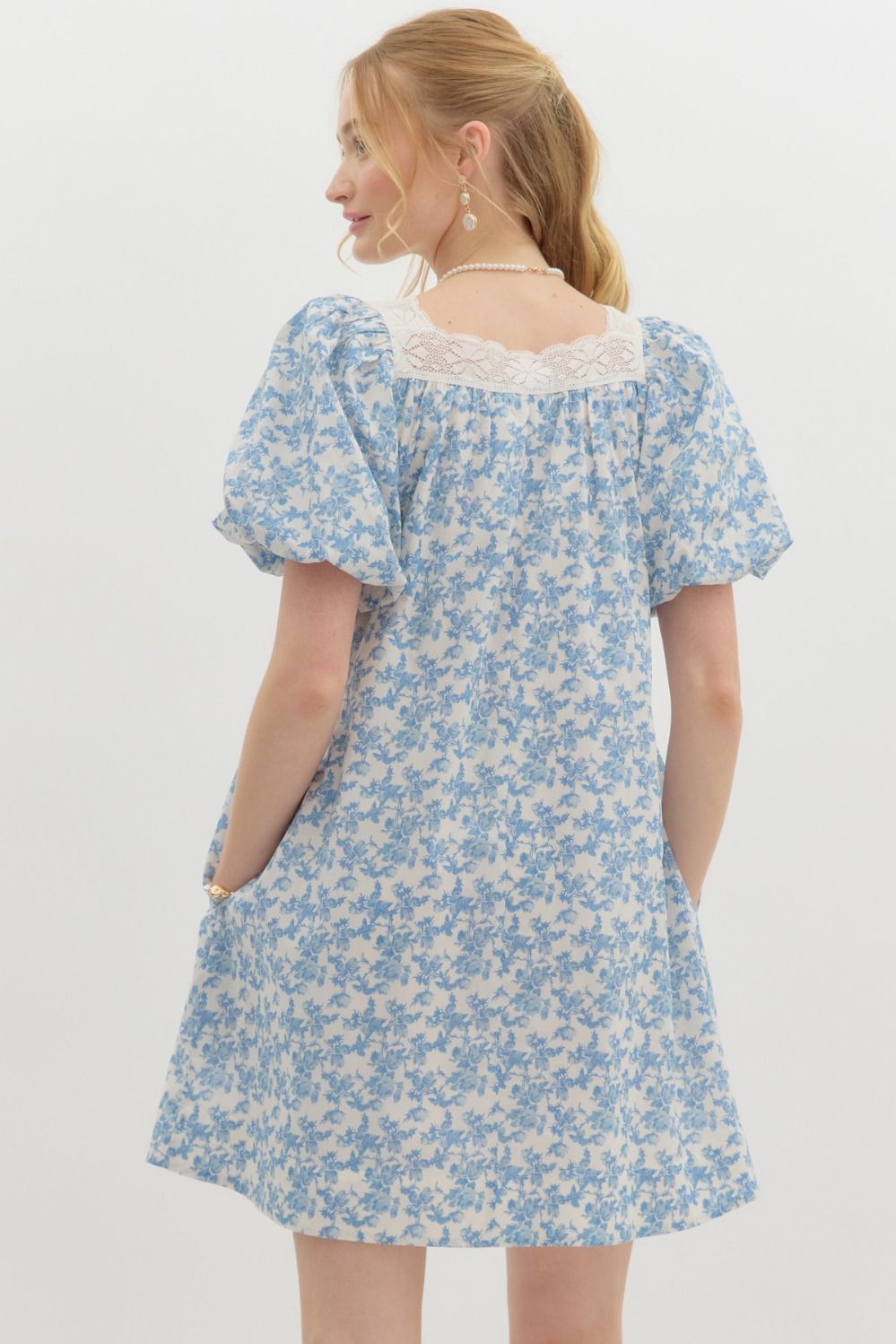 Blue Floral Bubble Sleeve Mini Dress