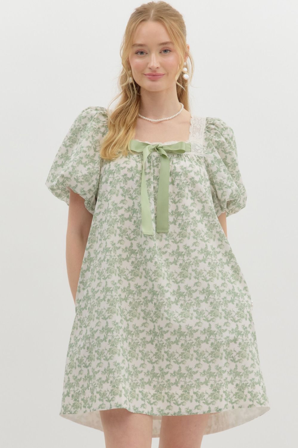 Sage Green Floral Bubble Sleeve Mini Dress
