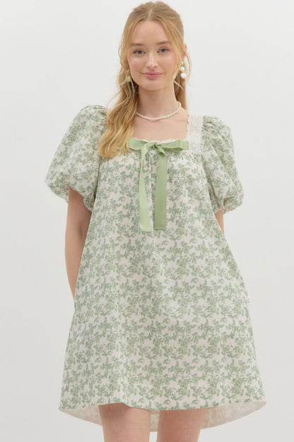 Sage Green Floral Bubble Sleeve Mini Dress
