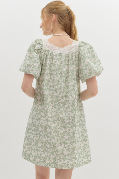 Sage Green Floral Bubble Sleeve Mini Dress