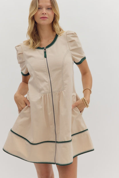 Casual Charm Neutral Dress W/Stitching Detail